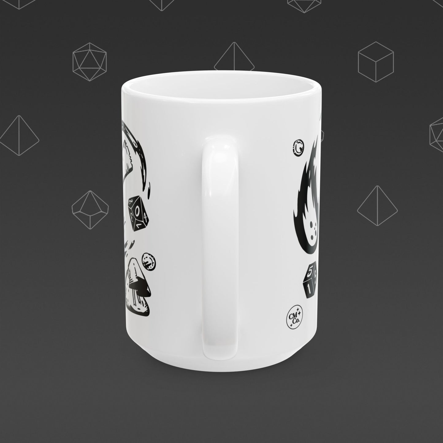 White mug with 'Enter the Dungeon' text and DND designs on a dark background