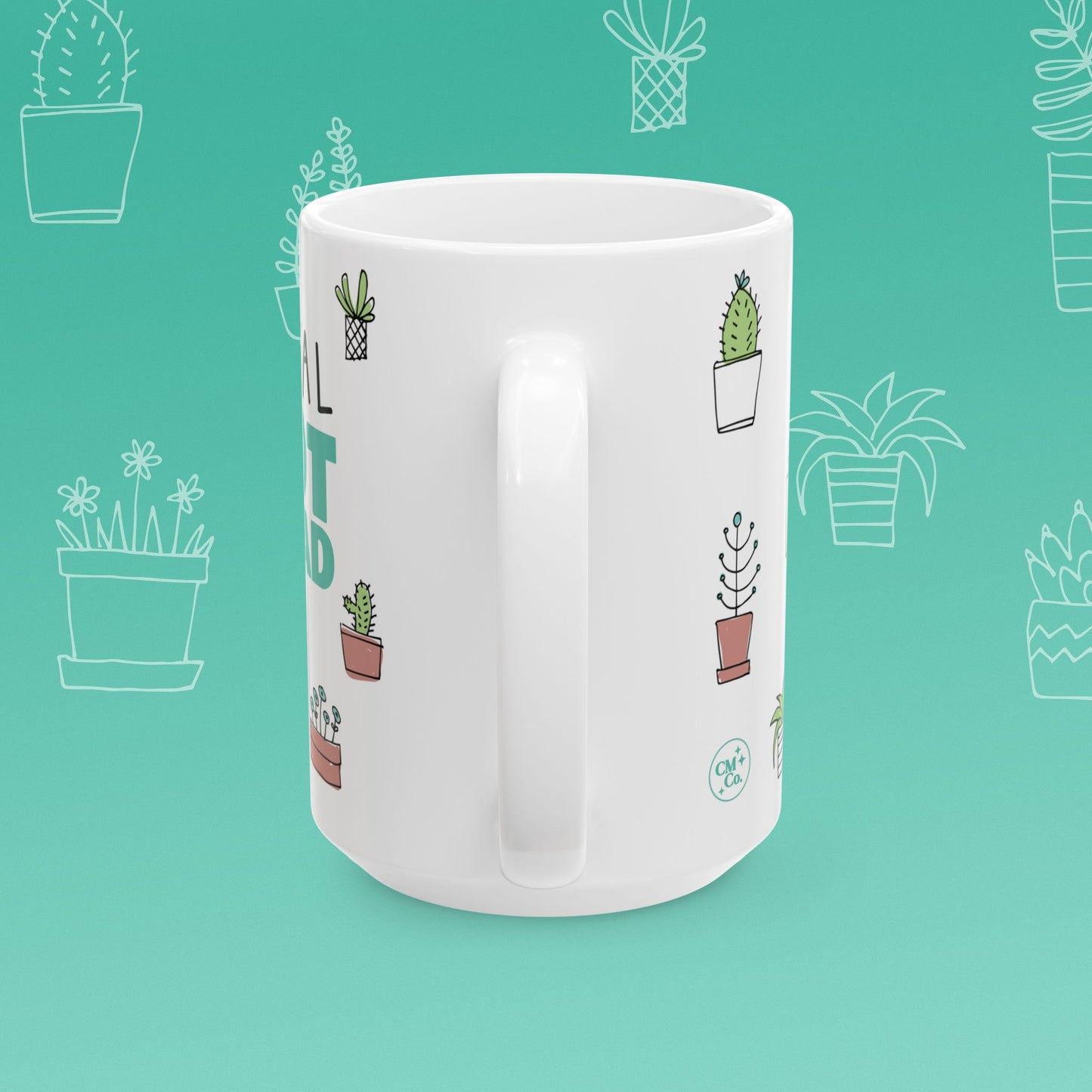 White mug with 'Total Pot Head' text and plant illustrations on a teal background