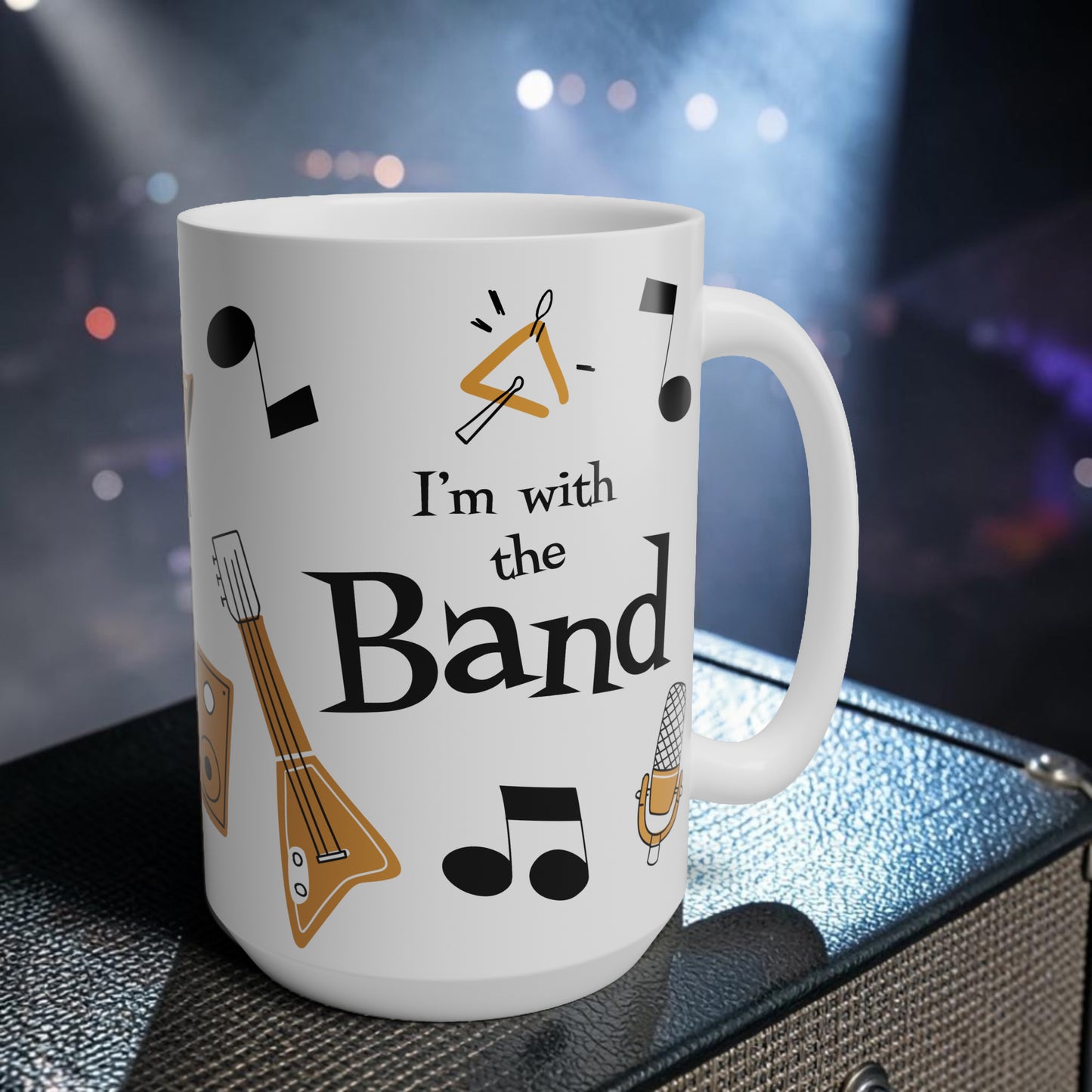 Coffee mug with musical instrument illustrations and text 'I'm with the Band'
