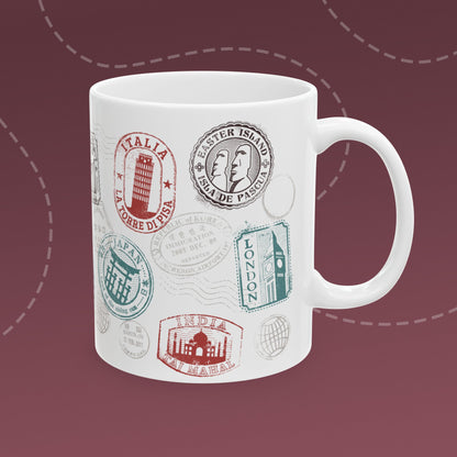 Coffee mug with colorful passport stamp illustrations