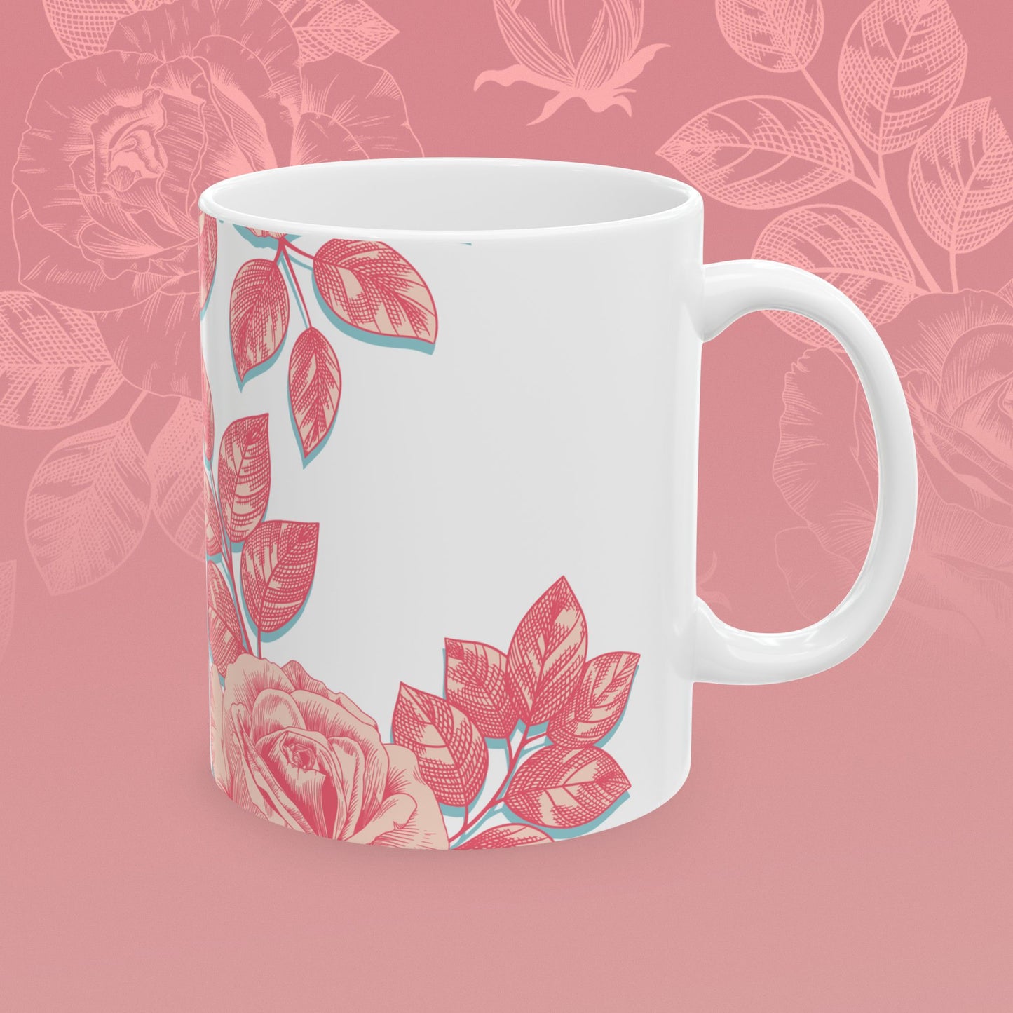 coffee mug decorated with blooming roses in shades of pink.