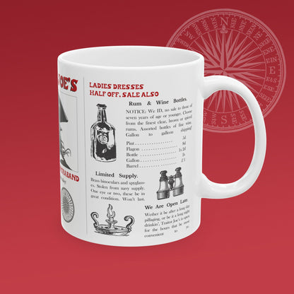 Coffee mug for a fictional black market store called "Traitor Joe's" has a large illustration of a pirate