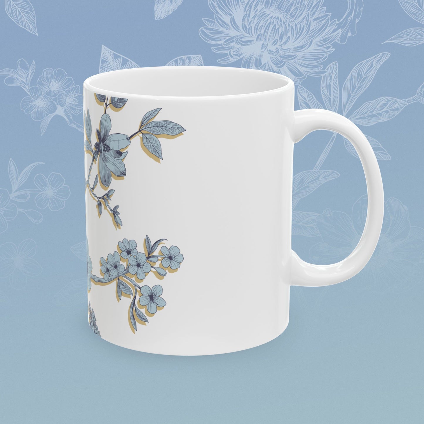 Coffee mug with blue floral pattern