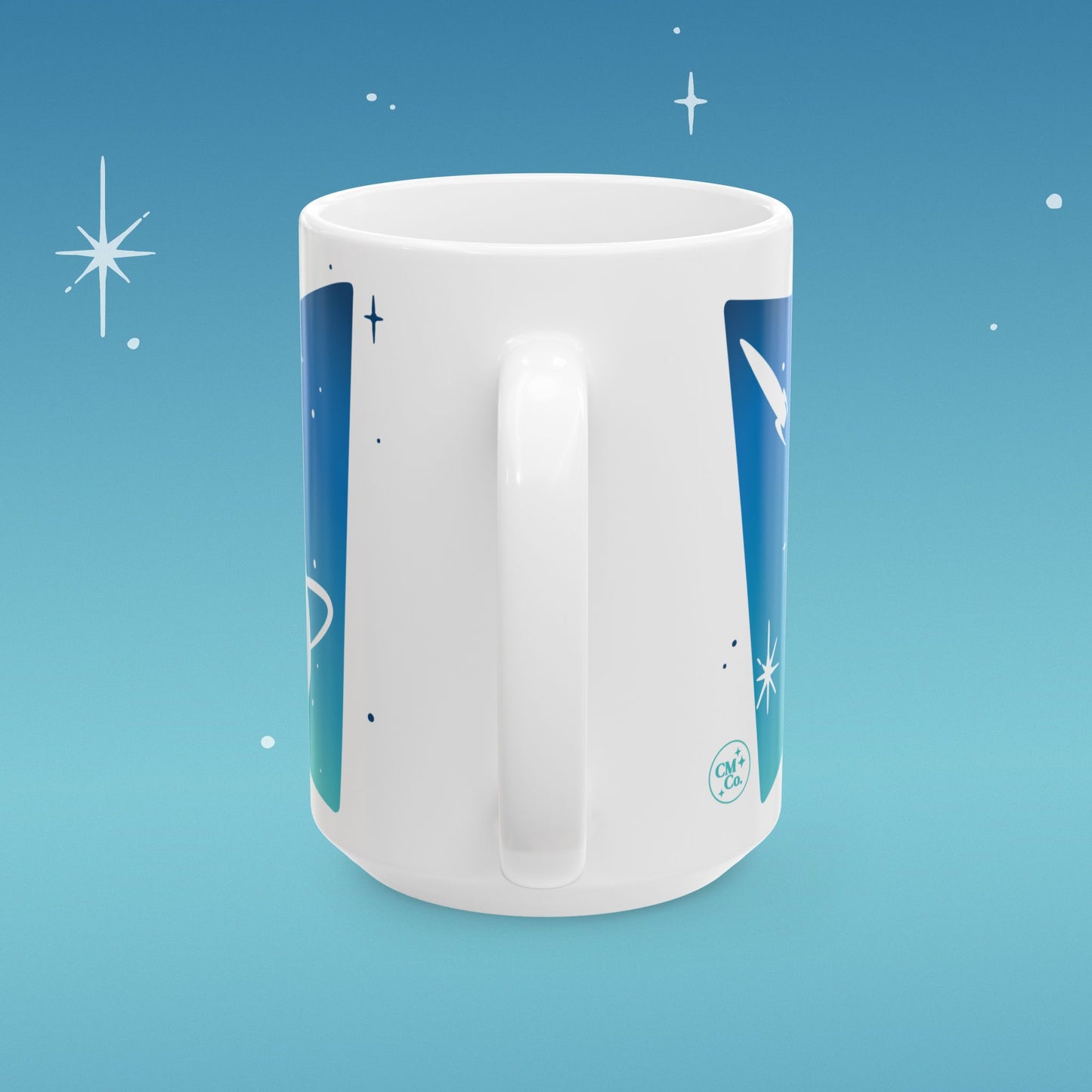 Coffee mug illustrated with image of outer space and retro type that reads "I run on Science"