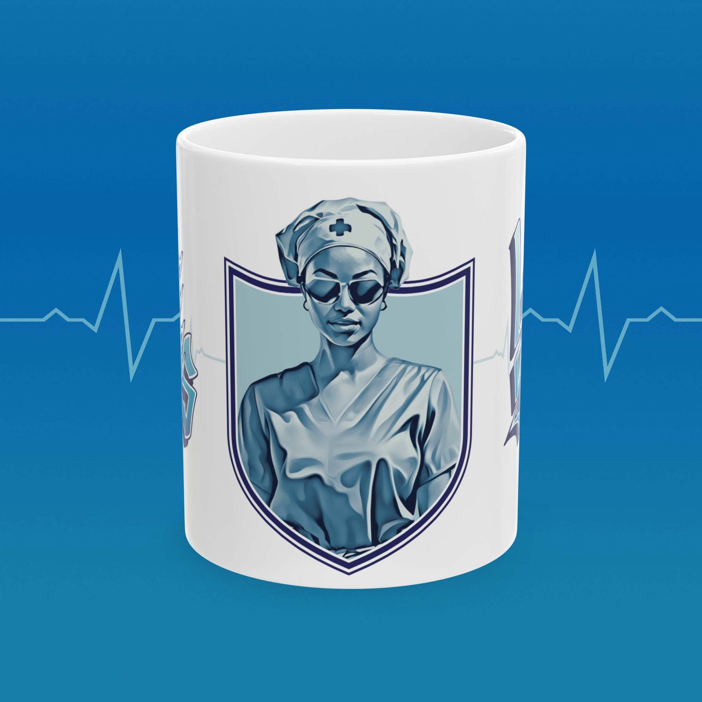 Coffee mug with retro nurse illustration with text that reads "save lives, look good"