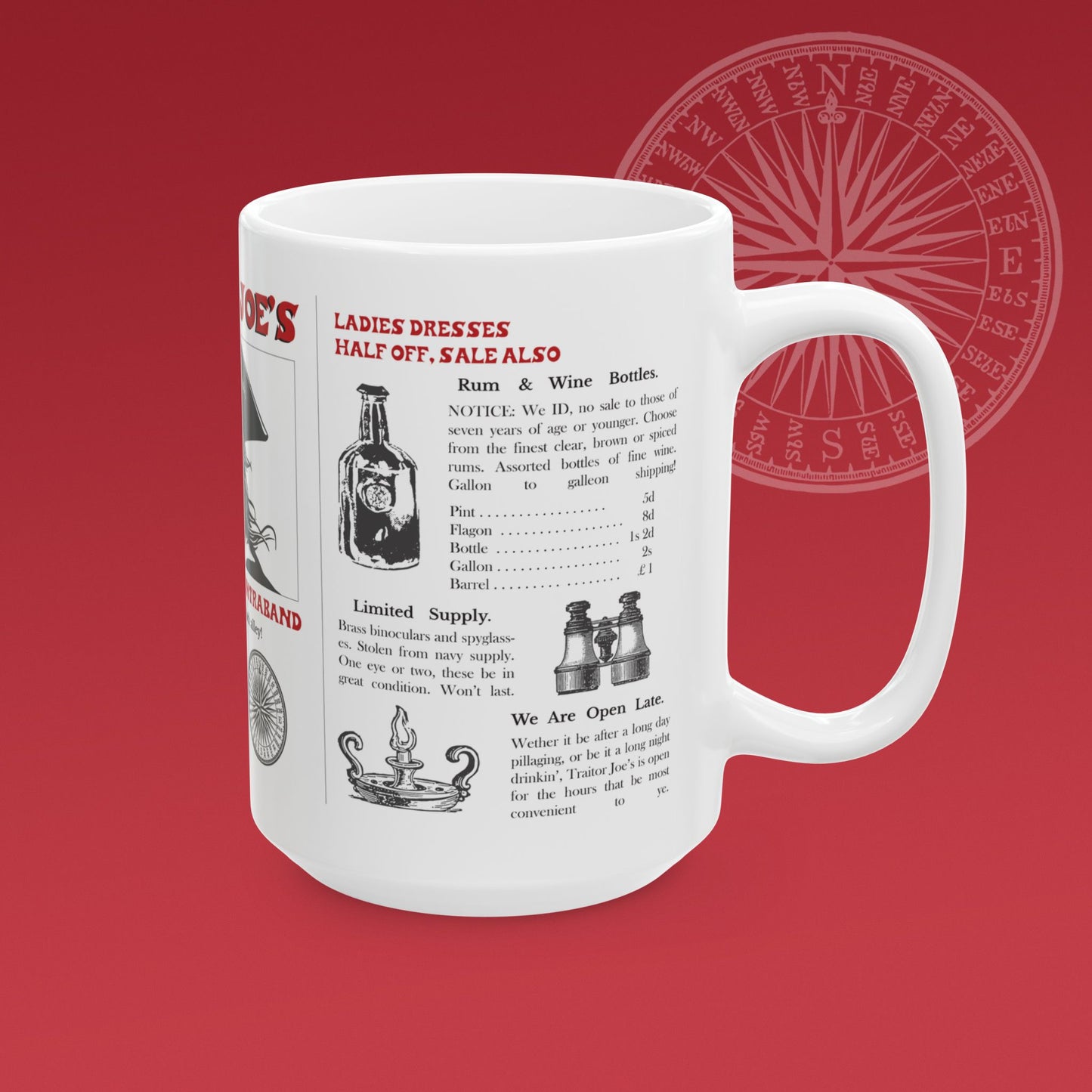 Coffee mug for a fictional black market store called "Traitor Joe's" has a large illustration of a pirate