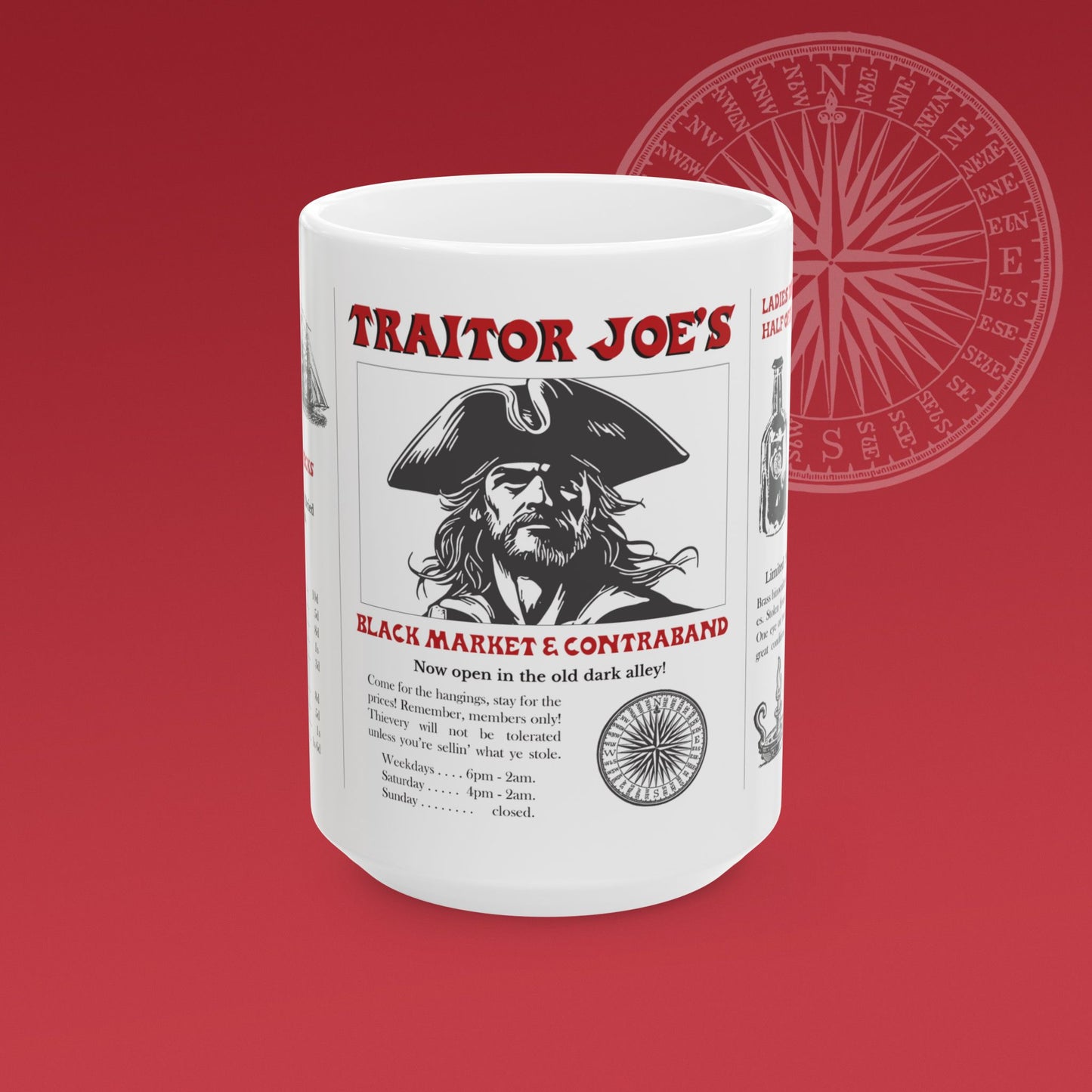 Coffee mug for a fictional black market store called "Traitor Joe's" has a large illustration of a pirate