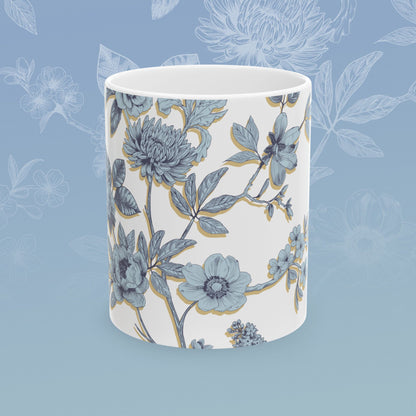 Coffee mug with blue floral pattern