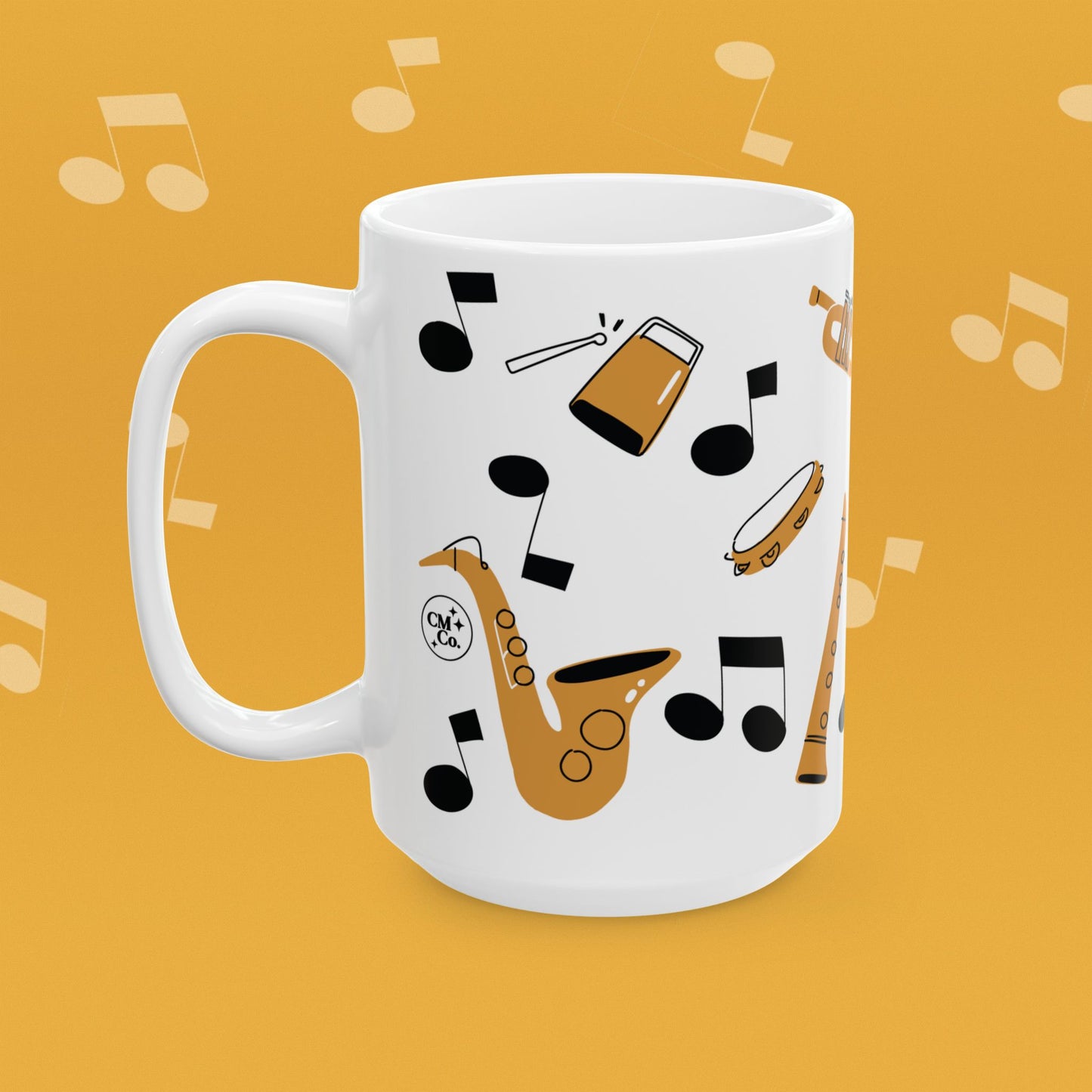 Coffee mug with musical instrument illustrations and text 'I'm with the Band' on a yellow background