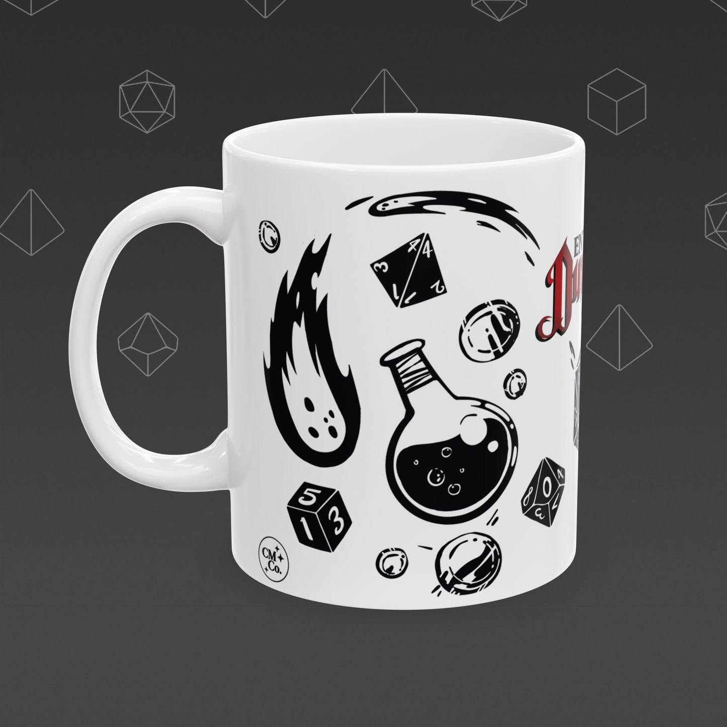 White mug with 'Enter the Dungeon' text and DND designs on a dark background