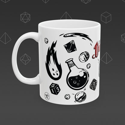 White mug with 'Enter the Dungeon' text and DND designs on a dark background