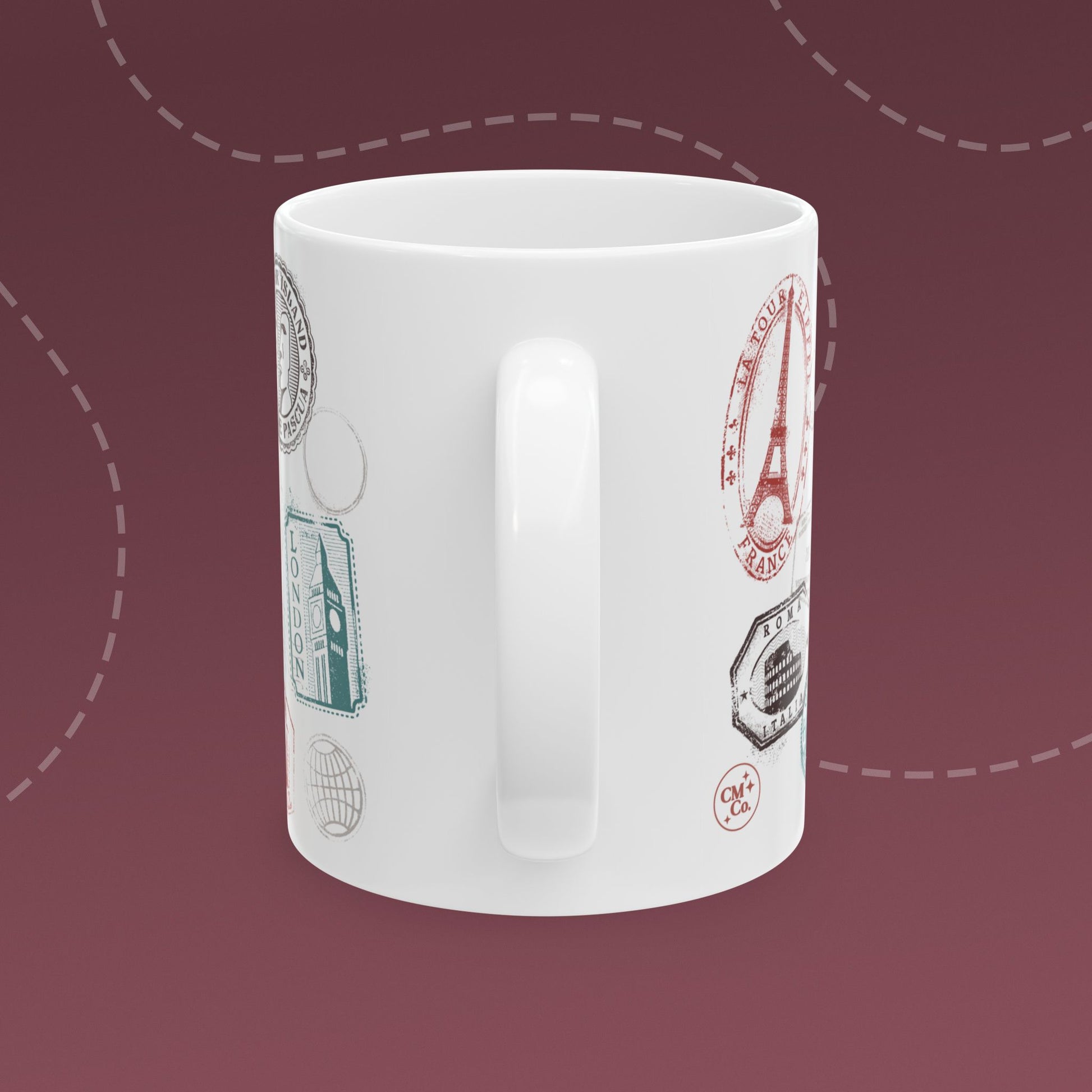 Coffee mug with colorful passport stamp illustrations