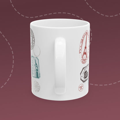 Coffee mug with colorful passport stamp illustrations