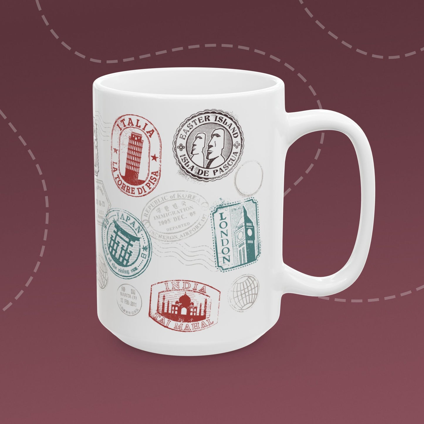 Coffee mug with colorful passport stamp illustrations