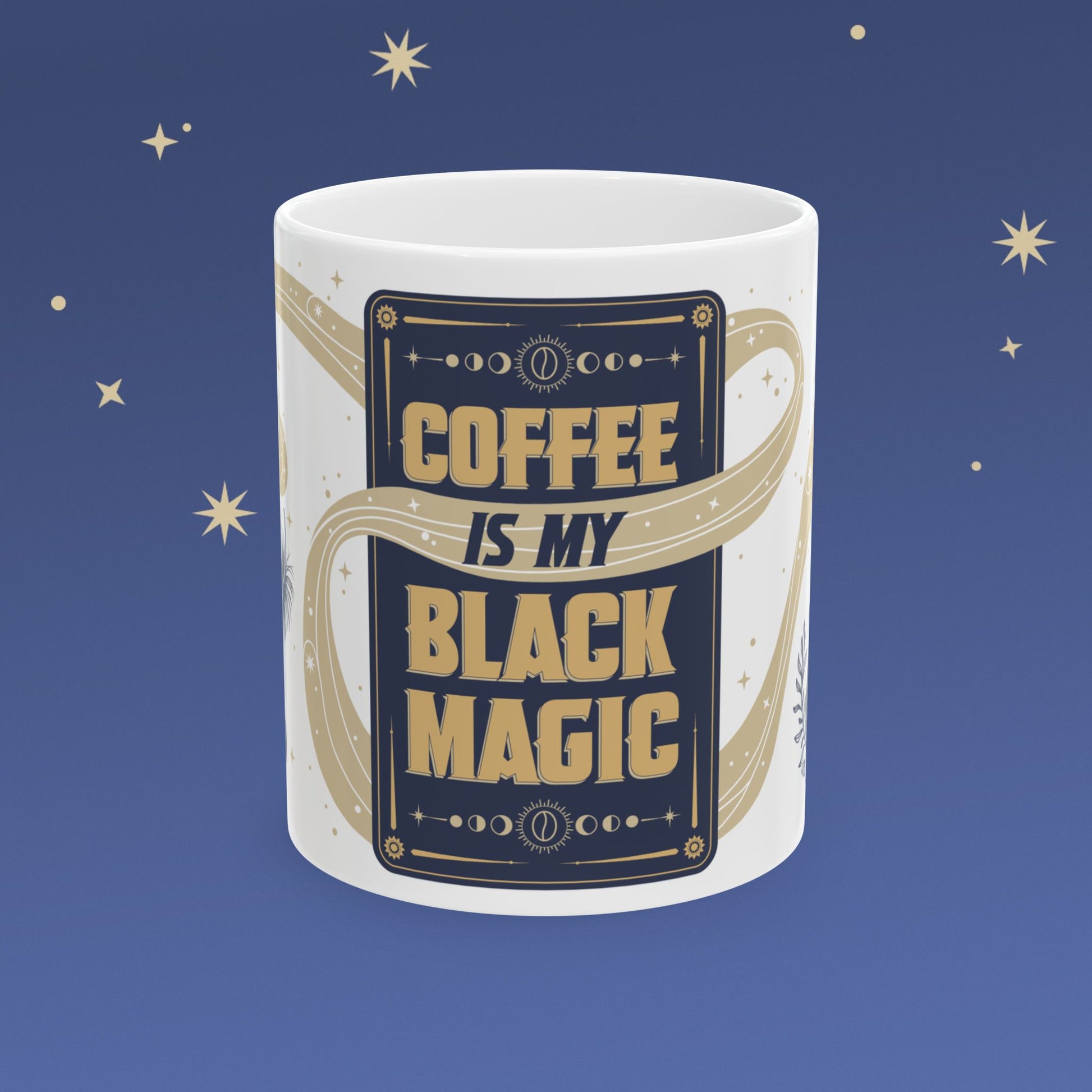 Mug with 'Coffee is my Black Magic' text on a blue background with stars.