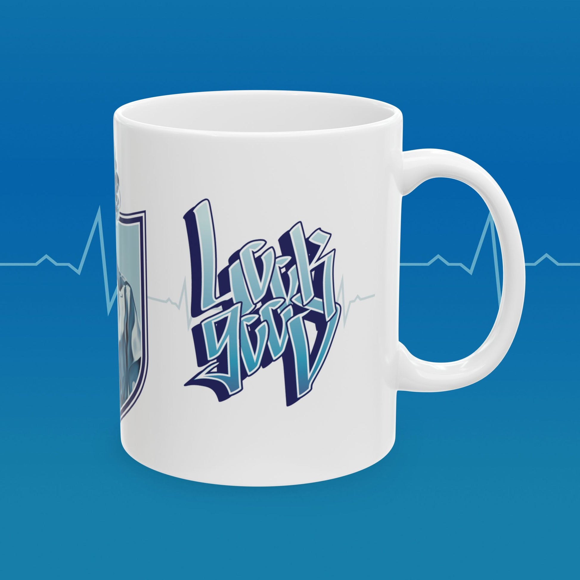 Coffee mug with retro nurse illustration with text that reads "save lives, look good"