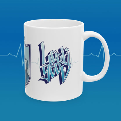 Coffee mug with retro nurse illustration with text that reads "save lives, look good"