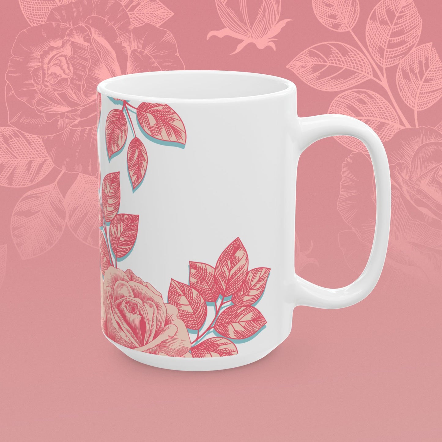 coffee mug decorated with blooming roses in shades of pink.