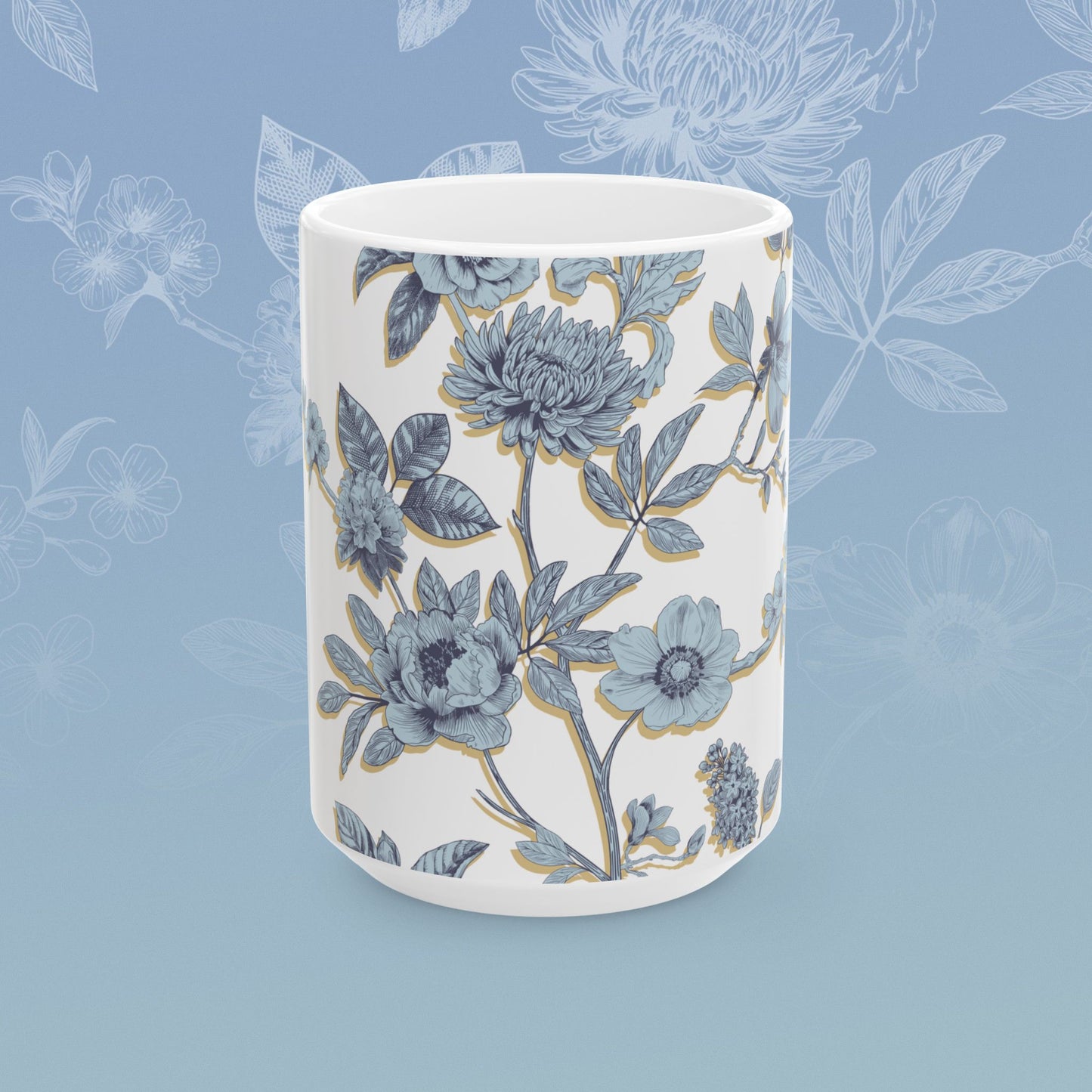 Coffee mug with blue floral pattern