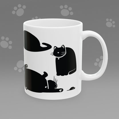 Coffee mug with fat black cat illustrations on a gray background