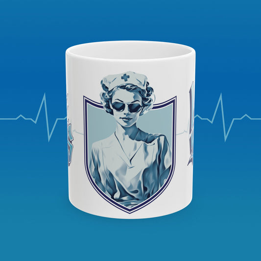 Coffee mug with retro nurse illustration with text that reads "save lives, look good"