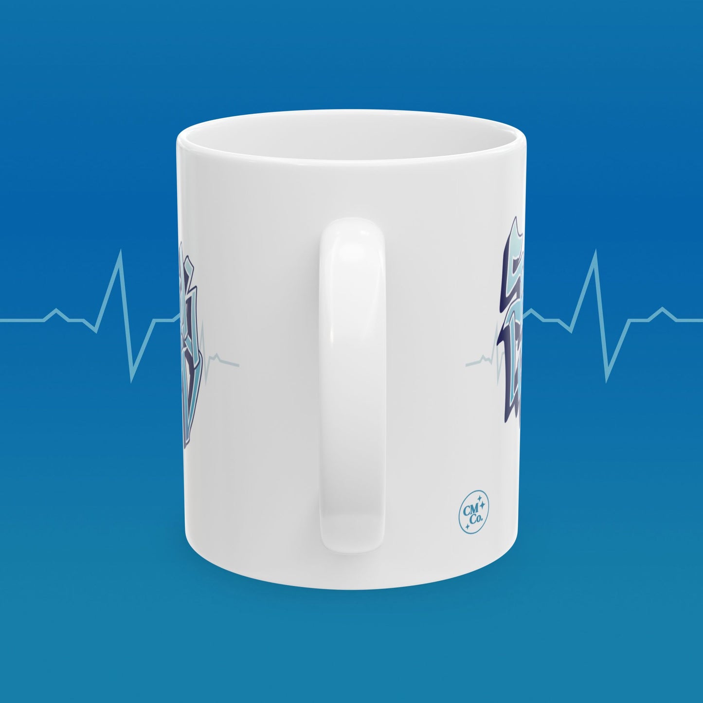 Coffee mug with retro nurse illustration with text that reads "save lives, look good"