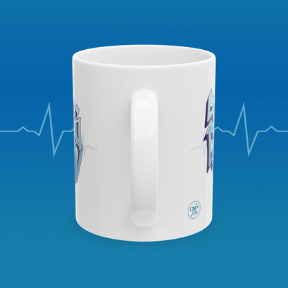 Coffee mug with retro nurse illustration with text that reads "save lives, look good"