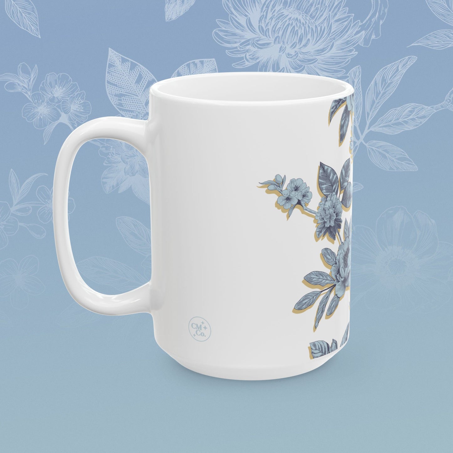 Coffee mug with blue floral pattern
