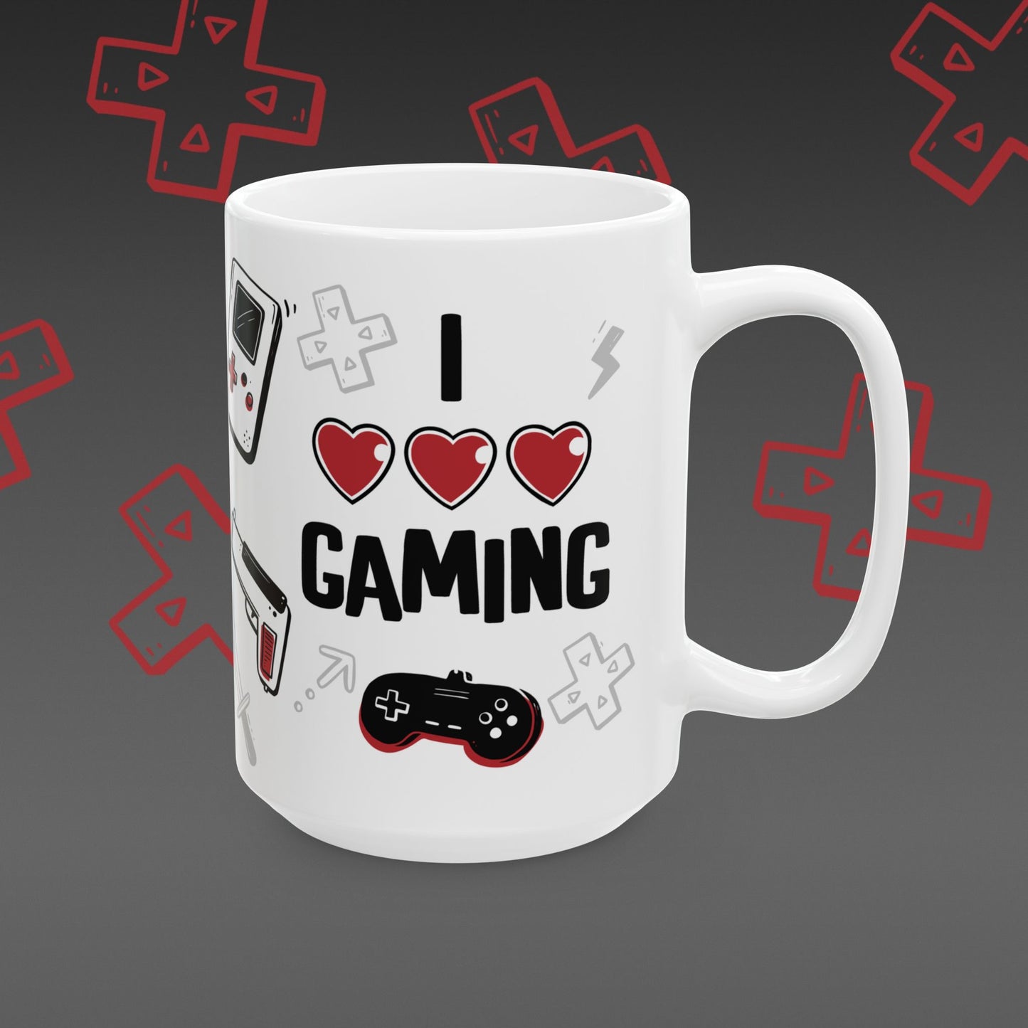 White mug with 'I ❤️ Gaming' design covered in illustrated game controllers