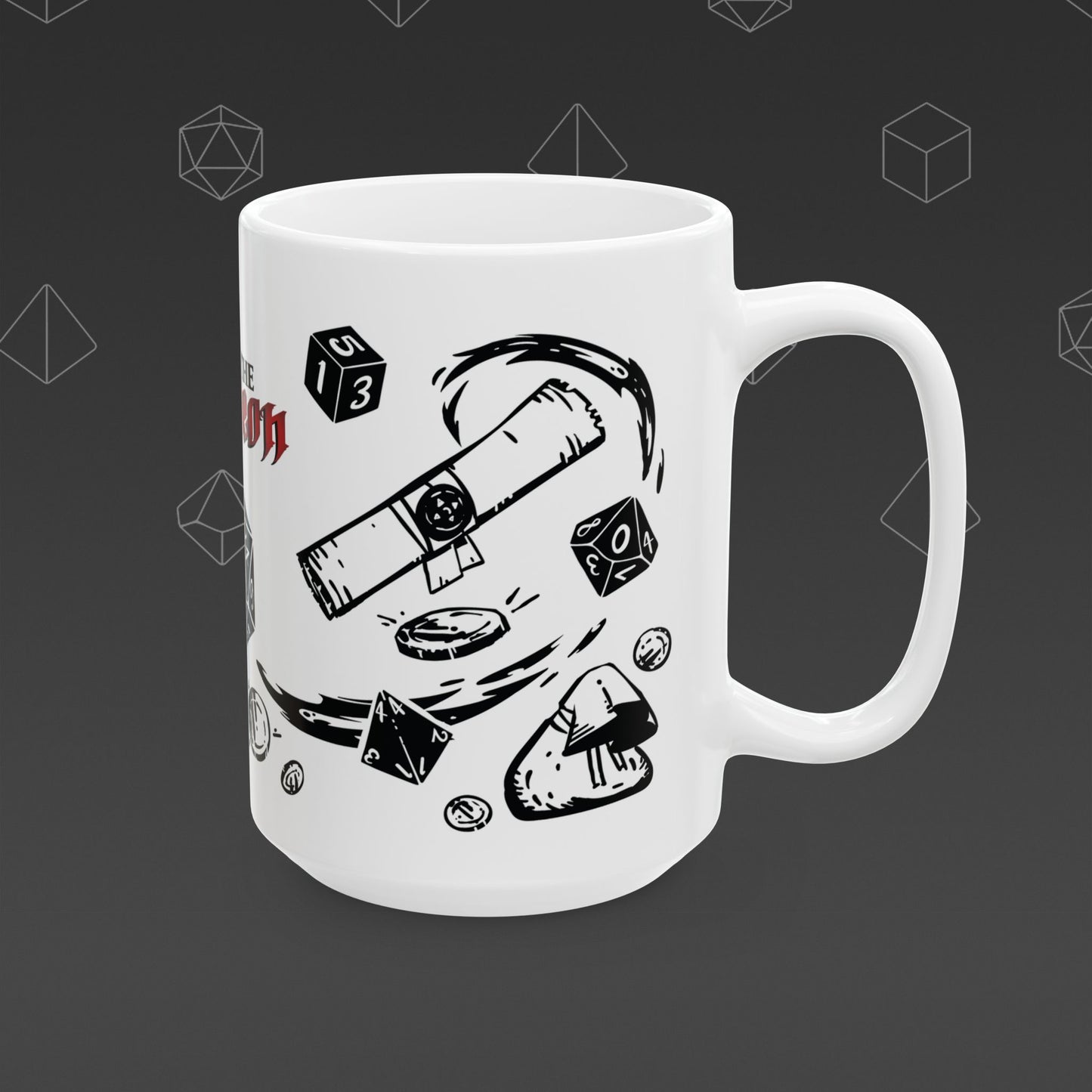 White mug with 'Enter the Dungeon' text and DND designs on a dark background