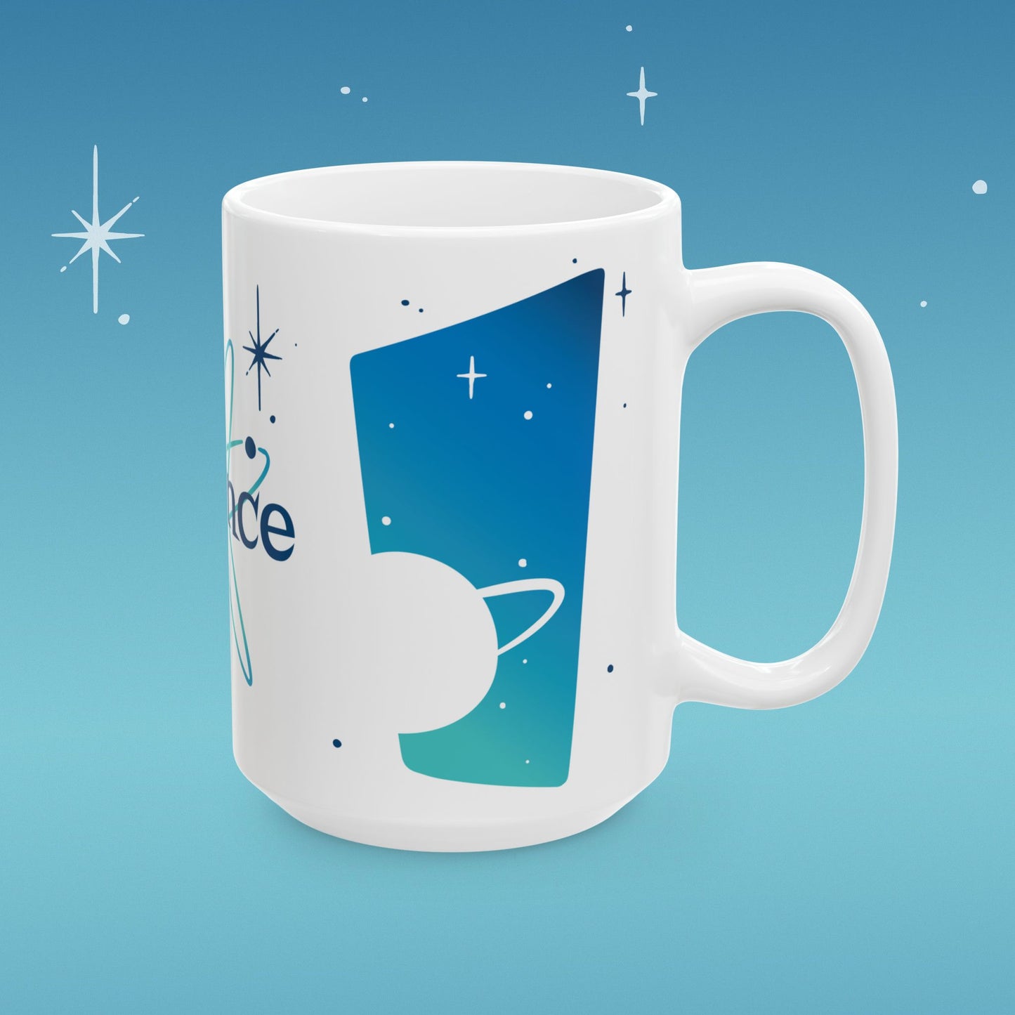 Coffee mug illustrated with image of outer space and retro type that reads "I run on Science"