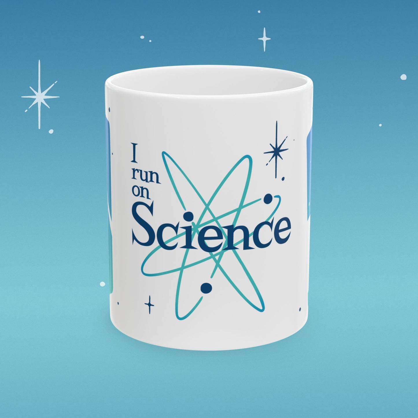 Coffee mug illustrated with image of outer space and retro type that reads "I run on Science"