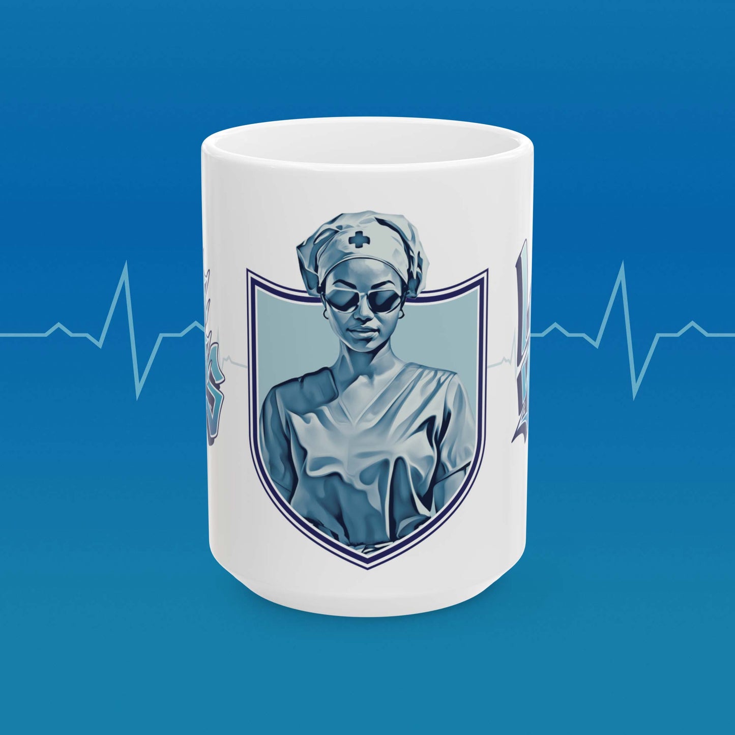 Coffee mug with retro nurse illustration with text that reads "save lives, look good"