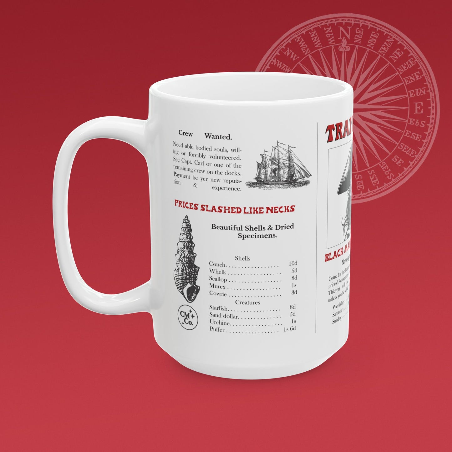 Coffee mug for a fictional black market store called "Traitor Joe's" has a large illustration of a pirate
