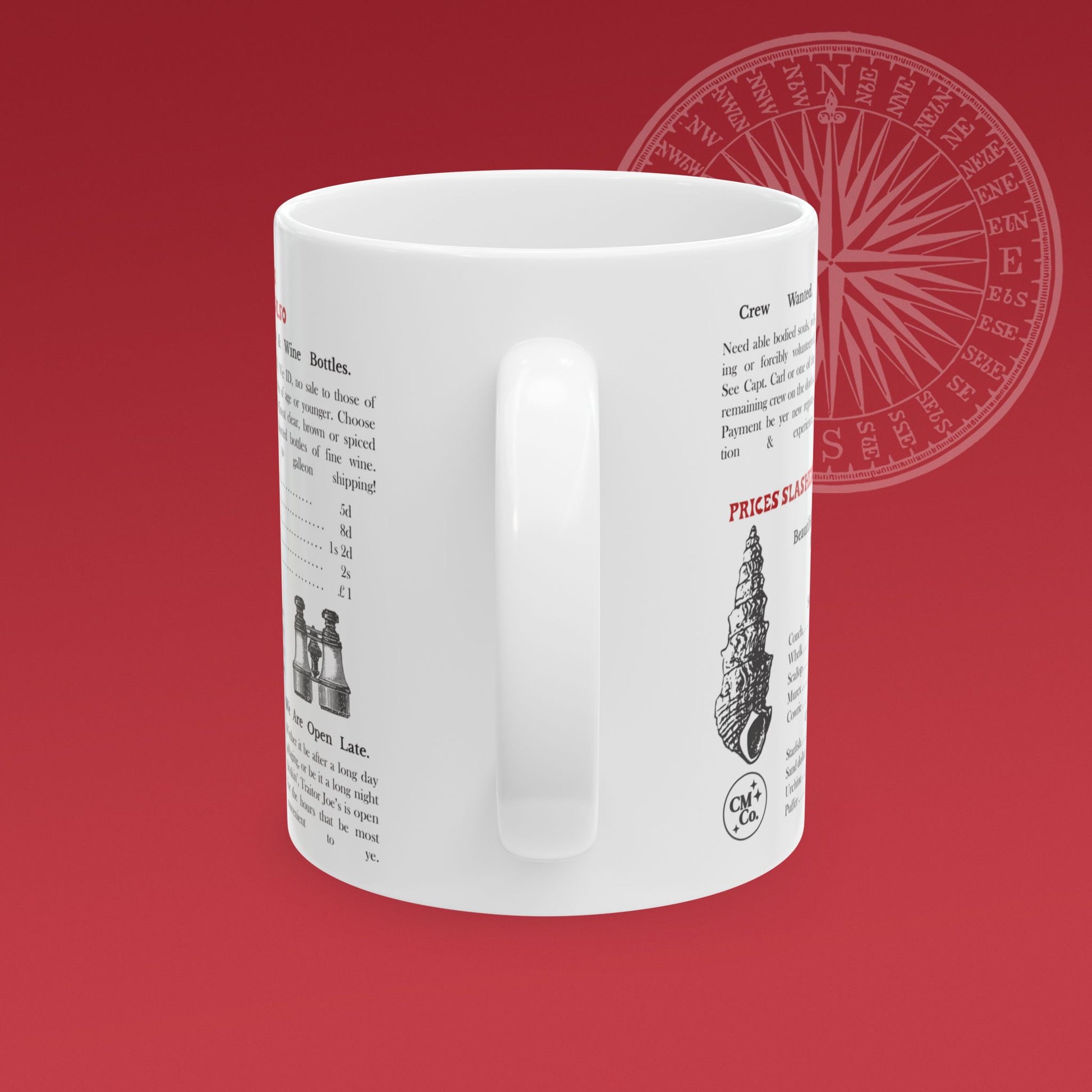 Coffee mug for a fictional black market store called "Traitor Joe's" has a large illustration of a pirate