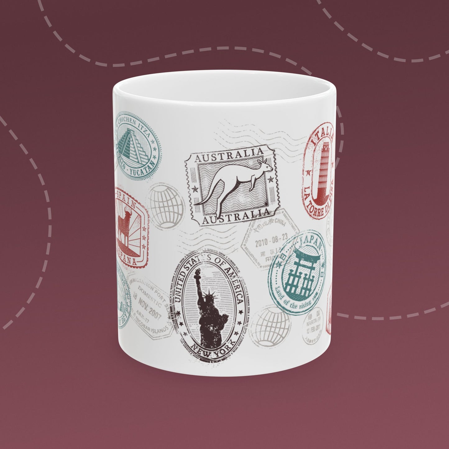 Coffee mug with colorful passport stamp illustrations