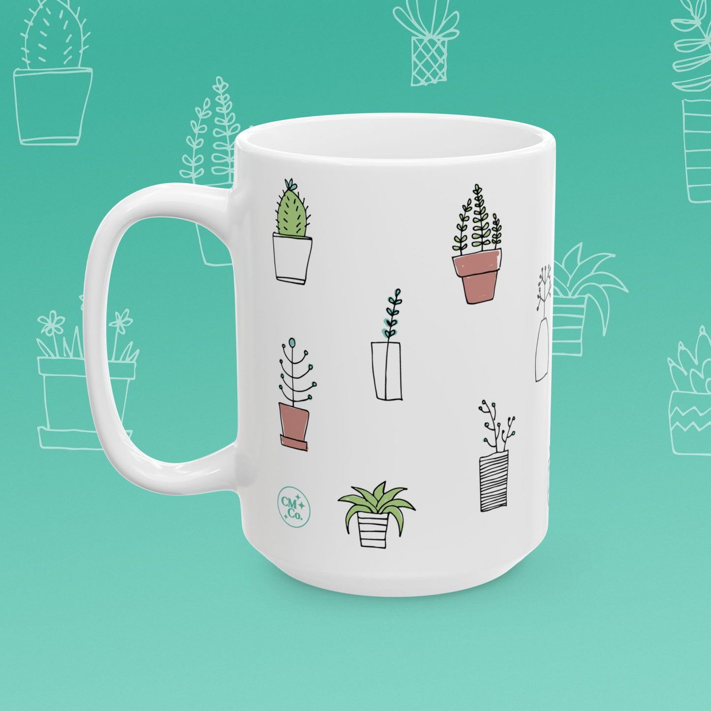 White mug with 'Total Pot Head' text and plant illustrations on a teal background
