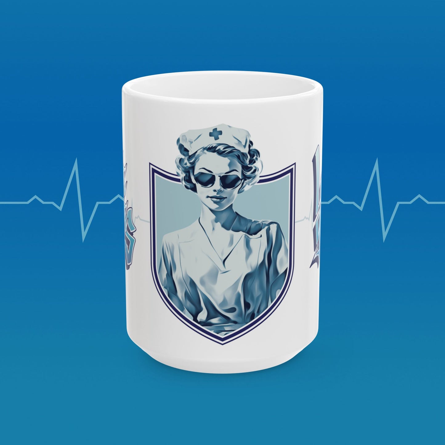 Coffee mug with retro nurse illustration with text that reads "save lives, look good"