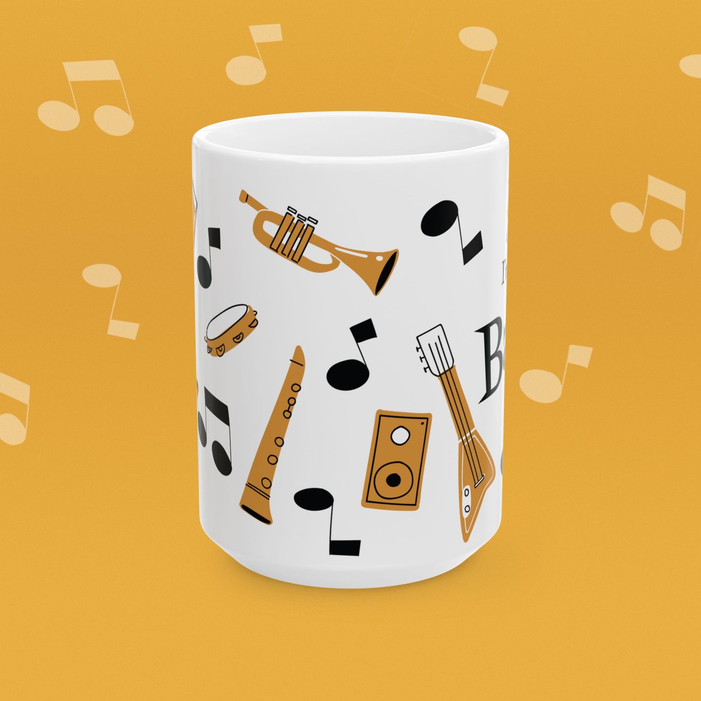 Coffee mug with musical instrument illustrations and text 'I'm with the Band' on a yellow background