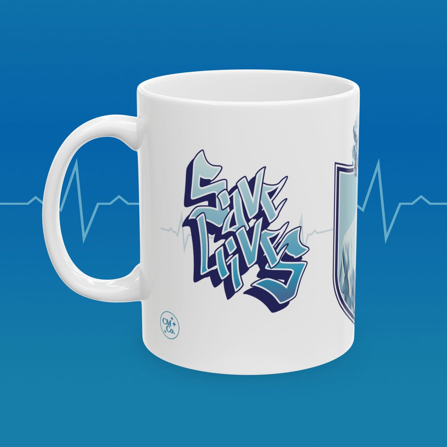 Coffee mug with retro nurse illustration with text that reads "save lives, look good"