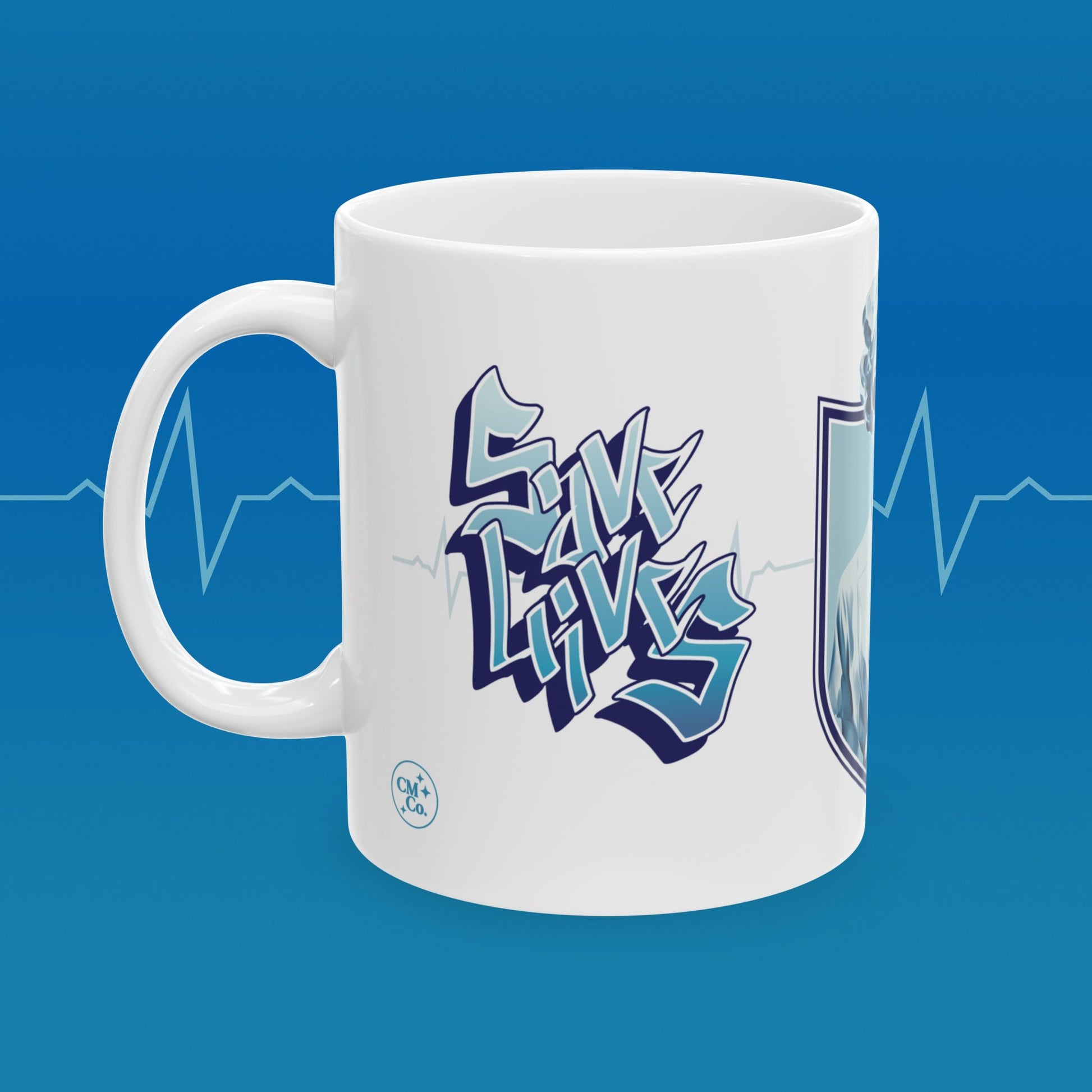 Coffee mug with retro nurse illustration with text that reads "save lives, look good"