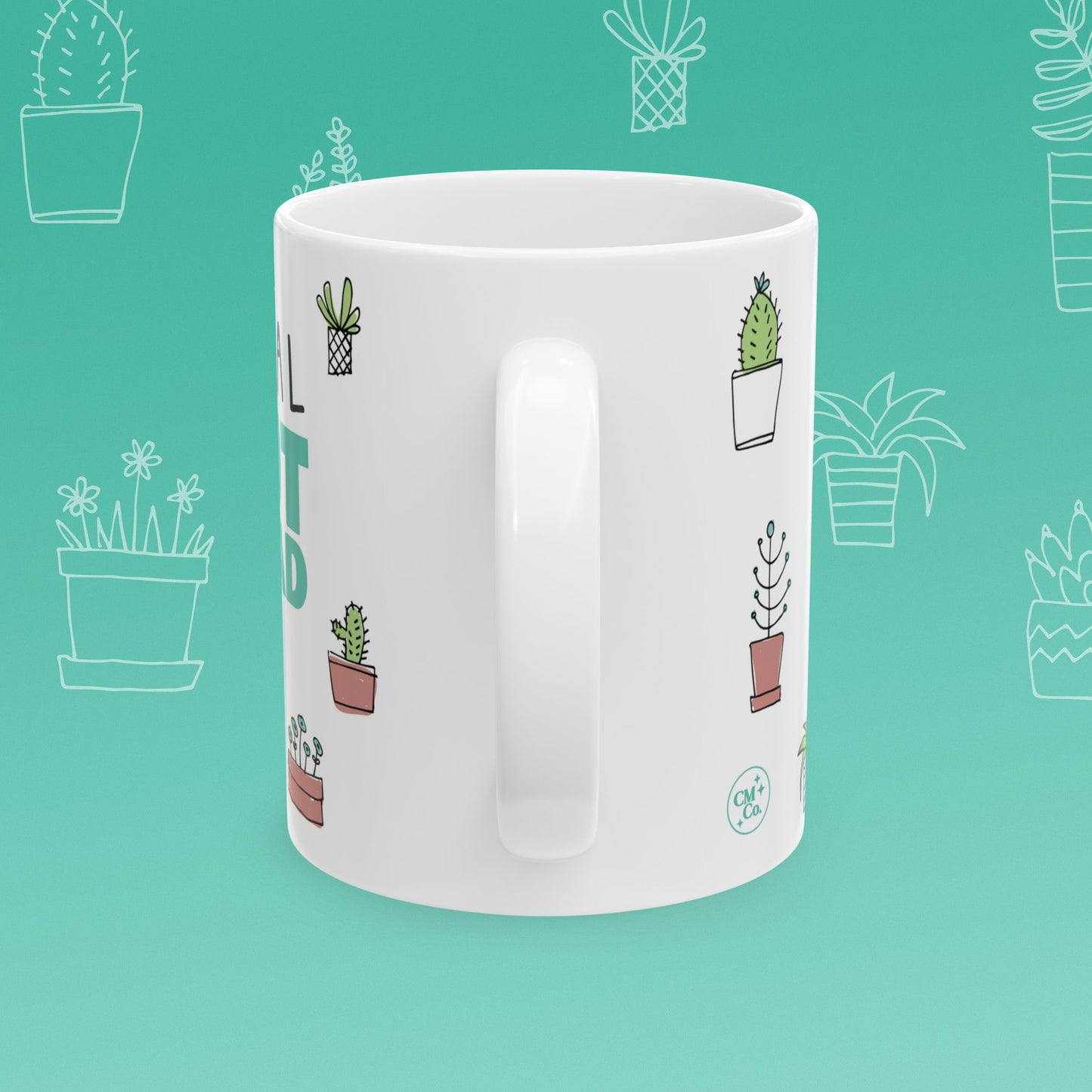 White mug with 'Total Pot Head' text and plant illustrations on a teal background