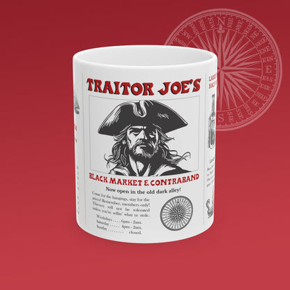 Coffee mug for a fictional black market store called "Traitor Joe's" has a large illustration of a pirate