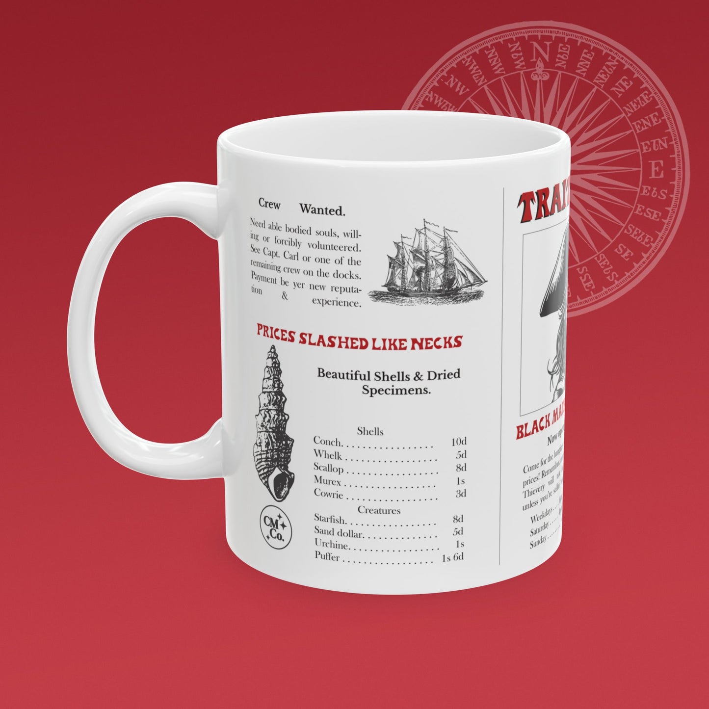 Coffee mug for a fictional black market store called "Traitor Joe's" has a large illustration of a pirate