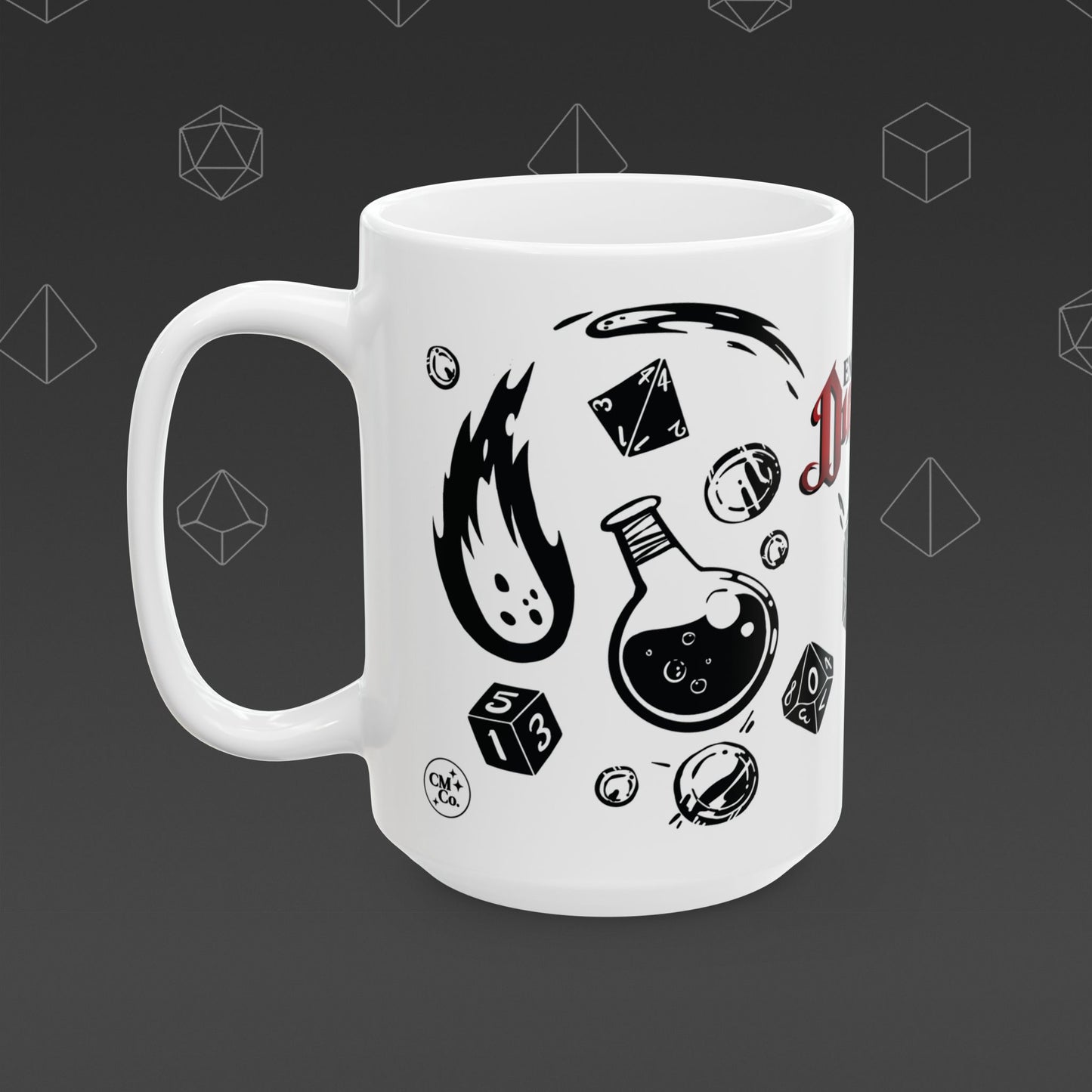 White mug with 'Enter the Dungeon' text and DND designs on a dark background