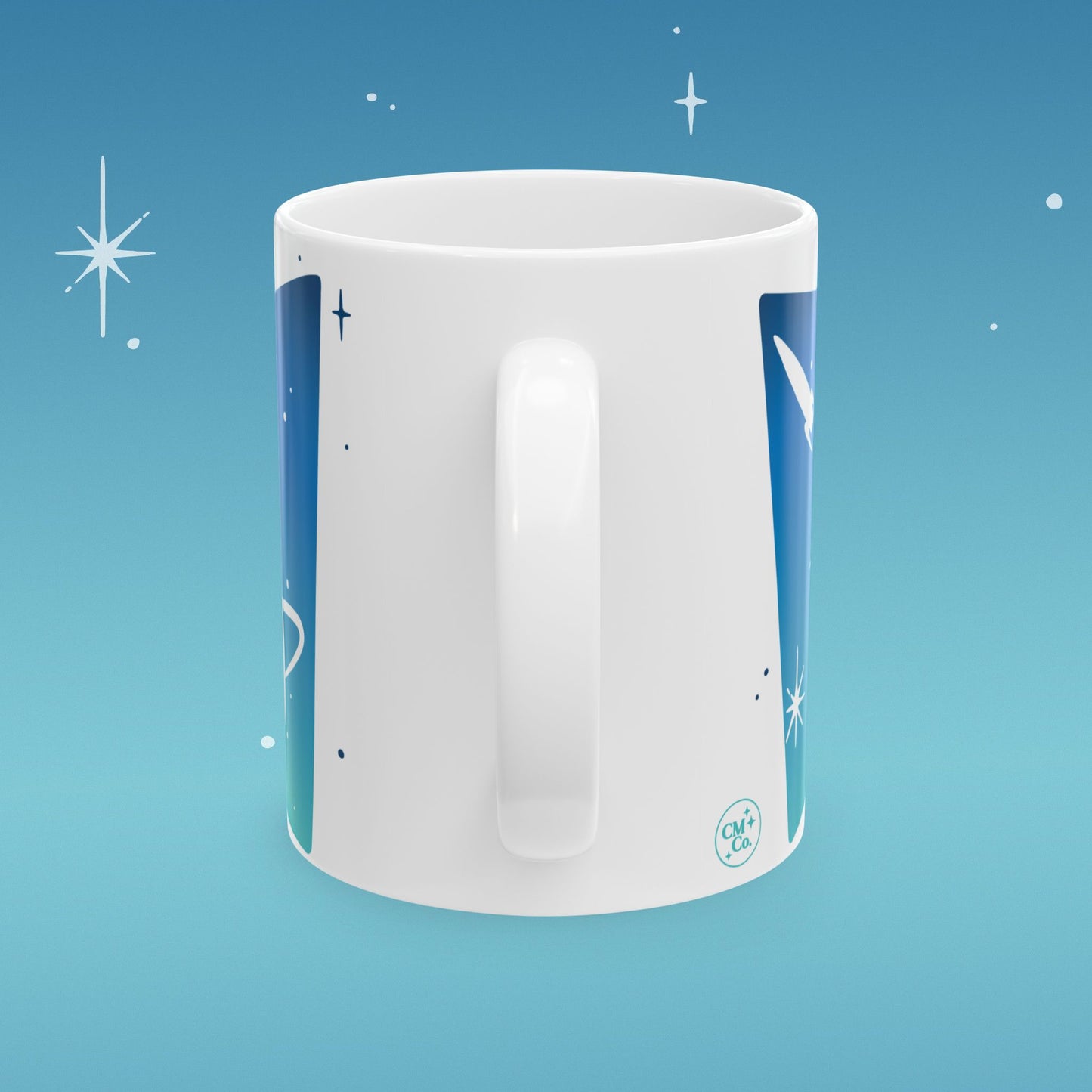 Coffee mug illustrated with image of outer space and retro type that reads "I run on Science"