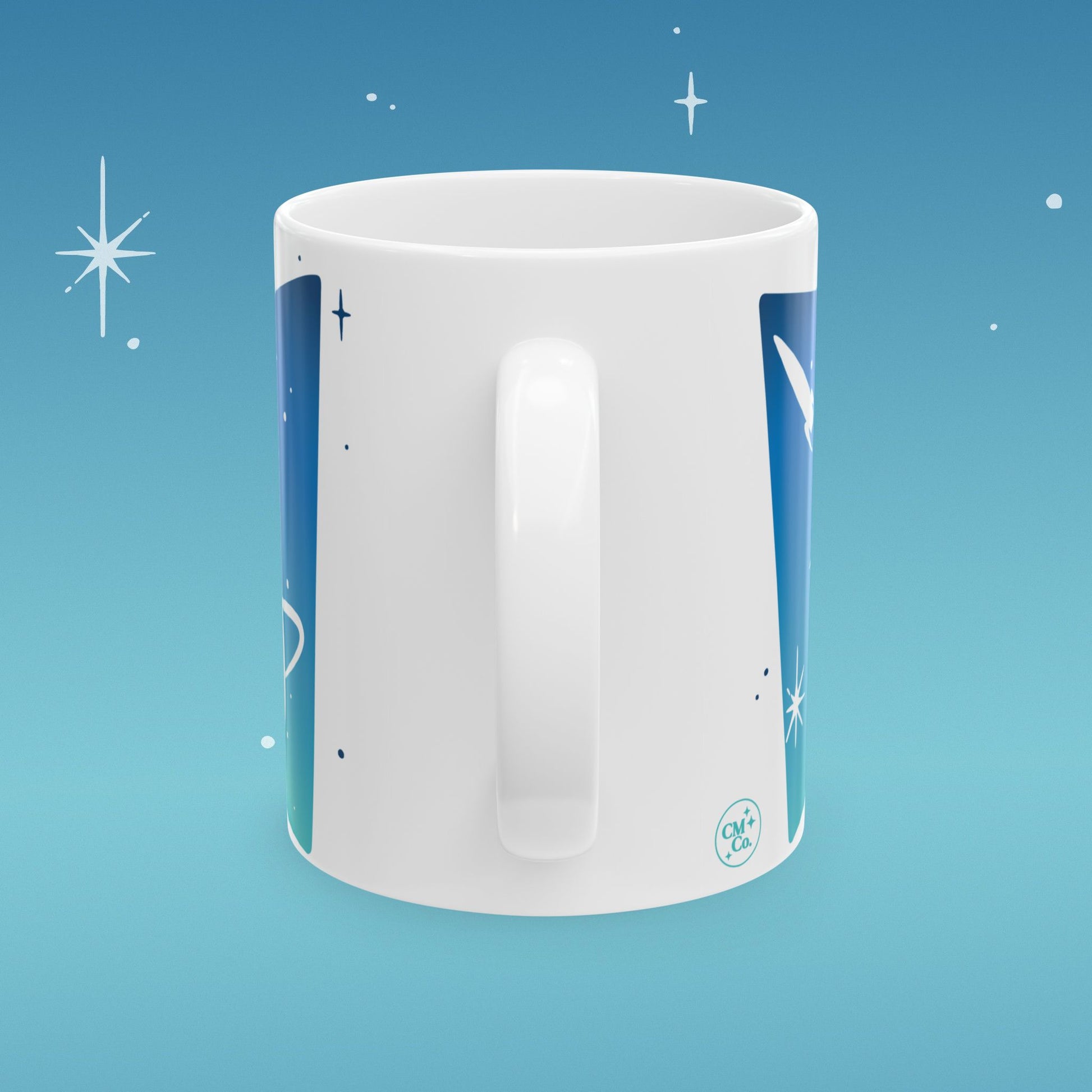 Coffee mug illustrated with image of outer space and retro type that reads "I run on Science"