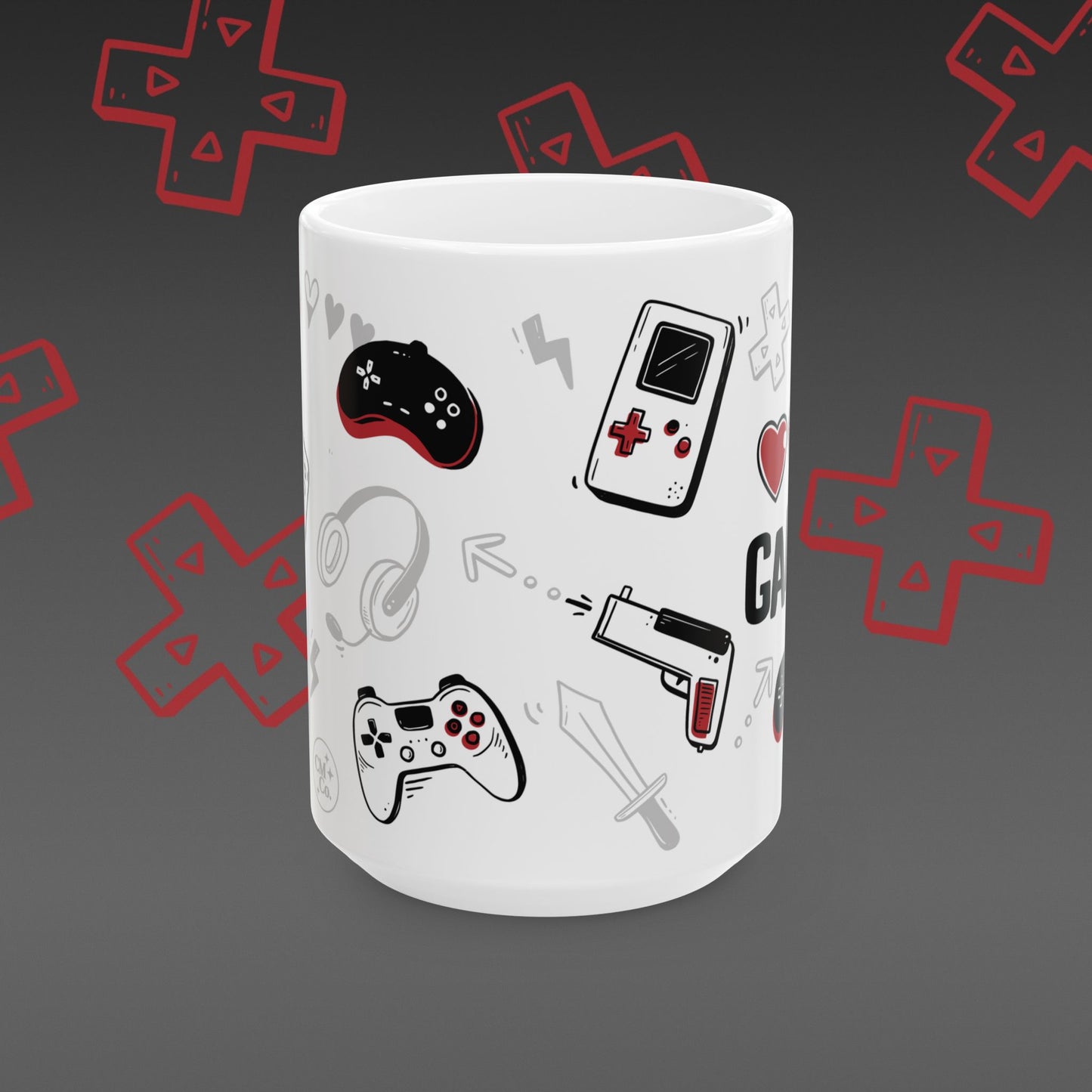 White mug with 'I ❤️ Gaming' design covered in illustrated game controllers