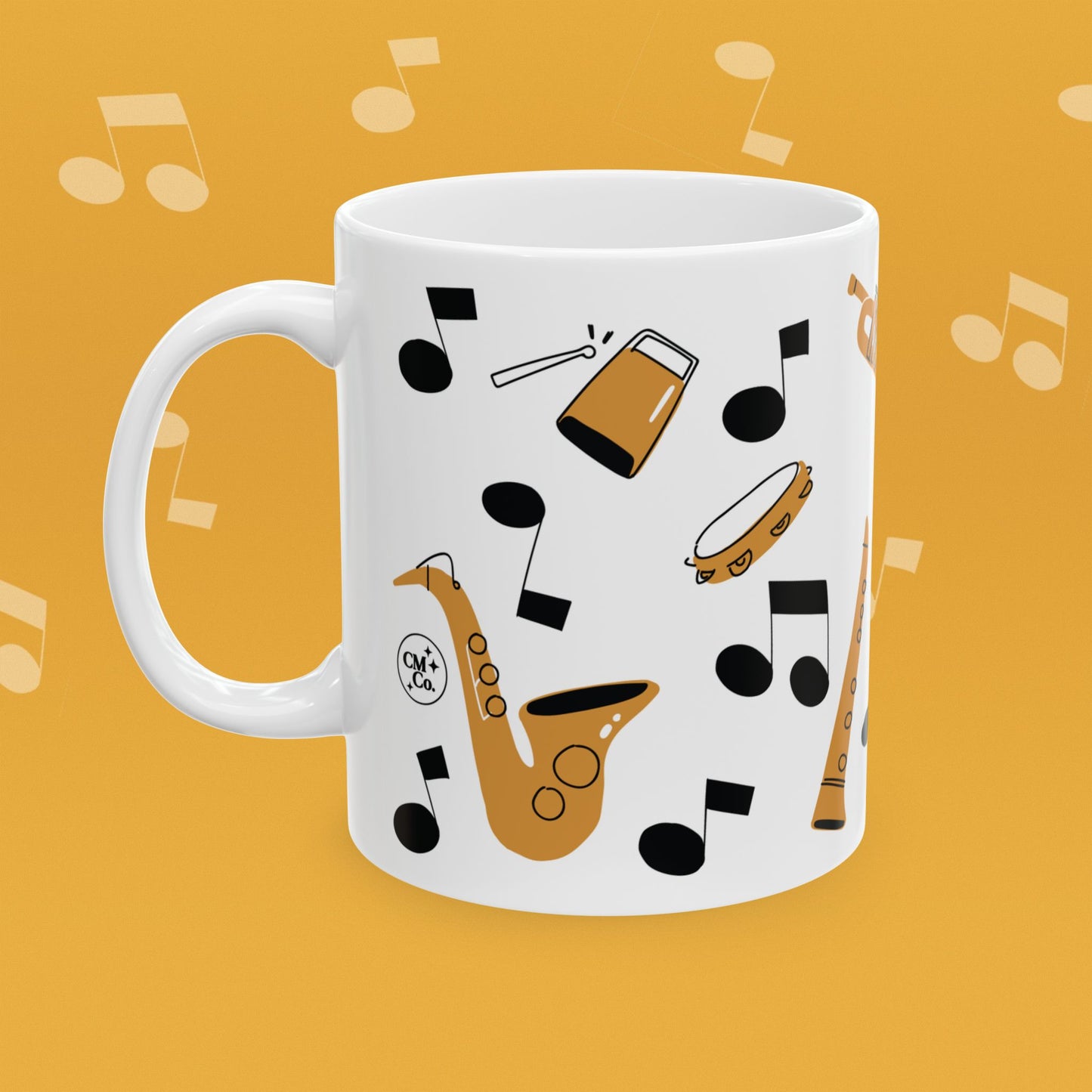Coffee mug with musical instrument illustrations and text 'I'm with the Band' on a yellow background
