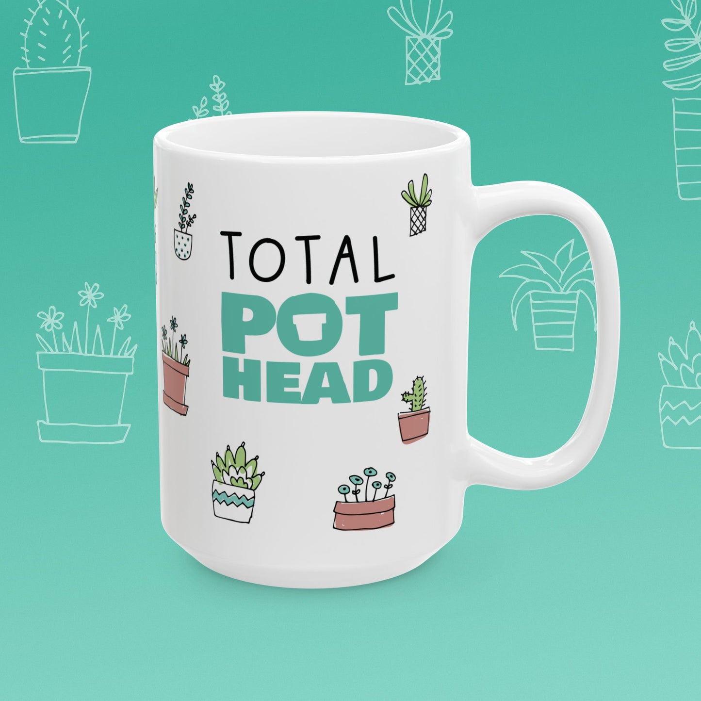 White mug with 'Total Pot Head' text and plant illustrations on a teal background